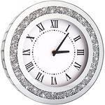 Silver Round Mirror Clock 12inch Crystal Sparkle Twinkle Bling Crush Diamond Mirrored Wall Clock for Wall Decoration Silver Glass Mirror Home Decor. AA Battery is not Included.