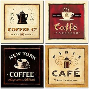 Coffee Wall Art Kitchen Decor Vintage Canvas Prints Coffee Cup Latte Mocha Cafe Drinking Pictures for Dining Room Restaurant Bar Decorations Brown Black and Red Food Artwork Poster 12x12" 4 Pcs