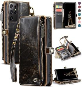 Defencase Compatible with Samsung Galaxy S21 Ultra Case Wallet with RFID Blocking Card Holder for Women Men, PU Leather Magnetic Snap Flip Zipper Strap Wallet Case Fit for Galaxy S21 Ultra 5G, Coffee