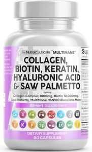 Clean Nutraceuticals Collagen Pills 1000mg Biotin 10000mcg Keratin Saw Palmetto Hyaluronic Acid - Hair Skin & Nails Vitamins & DHT Blocker with Vitamin E Folic Acid Pumpkin Seed MSM - 90 Count