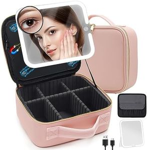 Travel Makeup Bag Cosmetic Organizer Bag with Large Magnetic Removable Lighted Mirror, Makeup Case with Mirror and Lights 3-Color Modes Adjustable Brightness 360° Angle, Makeup Travel Train Case Gift, Pink