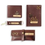 Thebaegift Personalised Mens Combo Gift (4 pcs) Customized Leather Mens Wallet, Key Chain, Eyewear Case and Passport Cover with Name | Best Gift for Brother, Husband, Boyfriend, Father (Brown)