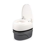 Camco Premium Portable Travel Toilet With Three Directional Flush and Swivel Dumping Elbow | Designed for Camping, RV, Boating And Other Recreational Activities - (5.3 gallon) (41545),White