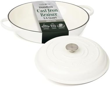 Larder & Vine Enameled Cast Iron Braiser | 3.6 qt Braiser Pan with Lid | Shallow Dutch Oven Compatible on All Cooktops | Casserole Dish Oven Safe to 500° F | Dual Handles | White