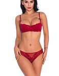 Bluewhalebaby Half Cup Bra for Women Demis Push up Embroidery Lace Brassiere and See-Through Knicker Set Red 38C