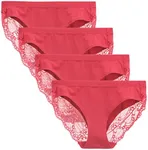 LIQQY Women's Low Rise Cotton No Wedgie Lace Coverage Bikini Panty Hipster Underwear 4 Pack (Medium, Red)