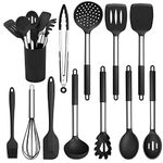 Herogo Kitchen Utensils Set, 12 Pieces Silicone Cooking Utensils with Stainless Steel Handle, Heat Resistant Cooking Tools Turner Spoon Spatula Set with Holder, Easy to Clean - Black