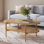 Nathan James Sonia Bohemian 2-Tier Oval Coffee Table, Living Room Cane Table with Storage Shelf and Mid-Century Legs in Light Natural Brown Wood, Light Wood/Rattan