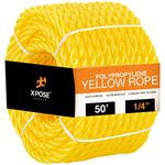 Yellow Twisted Polypropylene Rope - 1/4" Floating Poly Pro Cord 50 Ft - Resistant to Oil, Moisture, Marine Growth and Chemicals - Reduced Slip, Easy Knot, Flexible - by Xpose Safety