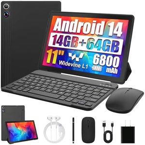 Ainmel Tablet 11 Inch Android 14, Octa-Core Processor, 14GB RAM 1TB Expand, 6800mAh | Widevine L1 | BT5.3 | WiFi 6 | Face ID | 2 in 1 Tablet with Keyboard, Mouse&Case-Black