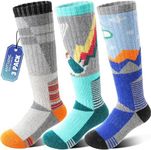 ANTSANG Kids Merino Wool Ski Socks for Girls Boys Teen Thermal Thick Warm Winter Hiking Knee High Stocking Stuffers Socks for Skiing Snowboarding(Grey Orange Blue Mixed Color,8-12 Years)