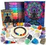 Crystals and Healing Stones Set 31Pcs - Healing Crystals & Stones - 14 Real Raw Chakra Rocks, 7 Gemstones Bottles, 3 Essential Oils,Pendant Necklace, Pendulum Board, Amethyst Cluster, Bracelet & Guide