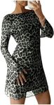 MakeMeChic Women's Leopard Print Dress Y2k Backless Mesh Bell Sleeve Mini Cheetah Print Dress Army Green Large