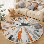 Large Round Area Rug Modern Short Pile Rug Round ∅ 180 cm Abstract Grey Orange Round Rug Non Slip Non-Shedding Circle Carpet Modern Design, Home Living Room Bedroom Office Dining Room Kitchen Mat