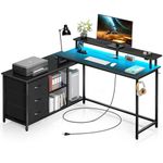 Seventable Computer Desk with Power Outlet & LED Light, 43.3" Reversible L Shaped Desk with 3 Drawers,Writing Desk with Printer Cabinet and Monitor Shelf,Black