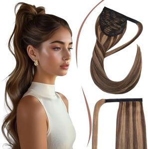 Elailite Coletas Postizas Pelo Natural Clip Extensiones Largas Lisas 100% Remy Cabello Humano Coleta Postiza Cola de Caballo 35cm 80g #4P27 Marrón Medio Mecha Rubio Oscuro