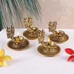 Lakshmi Ganesh Hand Diya Set of 4 pc in Metal Antique Gold Plated by Handicrafts Paradise