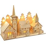 WeRChristmas Pre-Lit Wooden Church and Village Scene Illuminated with 12 Warm White LED Lights, 35 cm - Multi-Colour