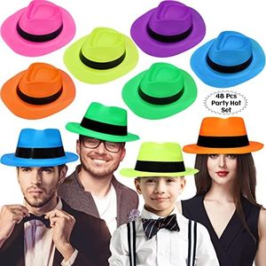 48 Pieces Neon Mafia Style Party Hats - Bright Dress Hats for Gangster Music Disco Birthday, Photo Booth Props and Favors