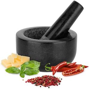 H&S Mortier Pilon Cuisine - Accessoire Cuisine en Granite de 12 cm de Diamètre pour Broyage des Épices Guacamole Pesto Noix Mojito - Mortier et Pilon Concasseur a Grain Noir