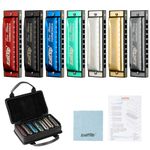 East top Diatonic Harmonica Set of 7, 10 Holes Blues Harmonica T003 Mouth Organ set, A, B, C, D, E, F and G key harmonicas for Adults, Beginner, Professionals and Students as Gift