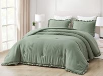 Chezmoi Collection Nora 3-Piece Ruffled Edge Trim Soft Washed Microfiber Comforter Set (Oversized King, Sage Green)