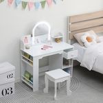 GarveeHome Kids Vanity with Lighted Mirror, 2 in 1 Little Girls Vanity Table & Stool, Kids Makeup with Bookshelf, Drawer & Open Shelves for 3-9 Yrs Girls, White