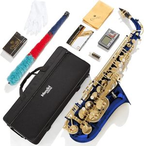 Mendini By Cecilio Alto Saxophone for Beginners, E Flat Alto Saxophone for Students Musicians with Tuner, Mouthpiece, Case, 10 Reeds, Grease, Cleaning Cloth & Rod, Gloves, Strap, Book (Blue Gold)