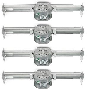 (4-Pack) Ceiling Fan Mounting Bracket with Adjustable Bar Hanger, 1-1/2'' Deep, 2 NMSC Clamps, 2 1/2'' Knockouts, Fits 16-24 Inch Joist Spaces, Ground Screw, Electrical Box for Light Fixtures