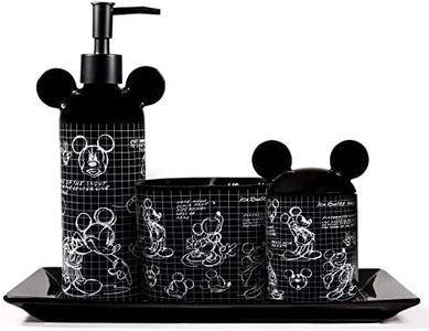 Disney 4 Piece Bathroom Set Accessories | Disney Mickey Mouse Home Decorations | Cute Ceramic Housewarming Gifts | Lotion Pump | Tray | Toothbrush Holder | Cotton Ball Holder Jar (Black)