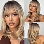 Kellynee Ombre Blonde Wig with Bangs - Medium Length Straight Blonde Wigs with Dark Roots for Women, Realistic Synthetic Hair, Best Natural Wigs for Everyday/Halloween/Party/Cosplay