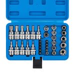 CASOMAN 34 Pieces 3/8-Inch Dr.Torx Bit Socket and E-Torx (Star) Socket Set, Cr-V E Socket Set E4-20, S2 Torx Bit Socket Set T10-60, Tamper Proof Torx Bit Set TT10-TT55, 5/16"F to 3/8"M Adapter