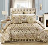 Chic Home 9 Piece Aubrey Decorator Upholstery Quality Jacquard Scroll Fabric Bedroom Comforter Set and Pillows Ensemble, King, Beige