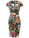 GRACE KARIN Women Vintage Pencil Dress Short Sleeve Bodycon 1950s Knee Length Floral-35(CL7597) X-Large