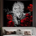 Cheetah Wall Decor Tapestry for Men Guys Bedroom, Cool Animal Wildlife Art Print Poster Tapestries, Funny Red Rose Flower Leopard Black Wall Hanging for Living Room Dorm Aesthetic Decor (60'' x 79'')