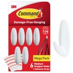 Command Medium Designer Hooks, White - Pack of 6 Hooks and 9 Adhesive Strips - Damage Free Hanging - Holds up to 1.3kg