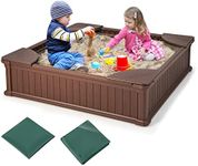 Costzon Kids Sandbox with Cover, 4ft x 4ft HDPE Sandpit with Oxford Cover, Bottom Liner, 4 Corner Seats, Weather Resistant Outdoor Sand Pit for Backyard Lawn Garden Beach (Dark Brown)