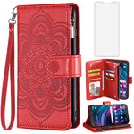 Asuwish Compatible with Tracfone BLU View 3 B140DL Wallet Case and Tempered Glass Screen Protector Flower Leather Flip Card Holder Stand Cell Accessories Phone Cover for BLUE View3 140DL Women Men Red