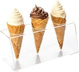 Restaurantware Clear Tek 7.1 x 2.8 x 3.2 Ice Cream Cone Holder 1 Premium Popcorn Cone Holder - Cones are Sold Separately 3 Holes Clear Acrylic Cone Stand Display Candy Or French Fries