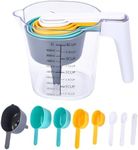 Noa Store Plastic Measuring Cups Set - Accurate Measurements - Compact Stackable Design - Multicolored Cups & Transparent Main Measurer - Food-Grade Material - for Kitchen Cooking - 5.2"x4.3"x7.4"