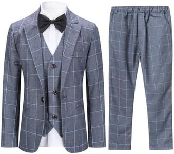 SWOTGdoby Boys Suits 3 Pieces Formal Suit Set Plaid Blazer Vest Pants Slim Fit Suit Jacket for Wedding Party Gray