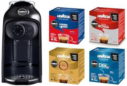 Lavazza, A Modo Mio Macchina per Caffè Idola Nera con 64 Capsule A Modo Mio Assortite, Macchina per Espresso Compatta e Silenziosa, 1500 W, 220-240 V, 50/60 Hz, Capacità Max 1.1 Litri d'Acqua