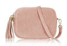 Montte Di Jinne - 100% Made in Italy - Soft Suede Leather Women's Cross Body Bag Shoulder Bag Camera Bag with Tassel key Ring (SMOKE ROSE)