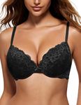 WingsLove Women's Push up Bra Floral Lace Padded Underwire Bra Demi Plunge (Black 34B)