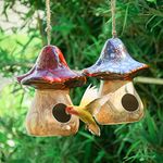 Yinns Birdhouses - Hanging Bird House, Set of 2 Bird Houses for Outside, Decorative Mushroom Bird House Blue and Red Ceramic Birdhouses for Wild Birds, Finch, Cardinal, and Bluebird