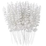 FEQO 36 PCS Artificial Eucalyptus Leaves Stems 15inch Faux Long Eucalyptus Branches Real for Wedding Bouquet Flower Home Decor, White