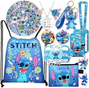FETELAZ Stitch Stuff Merch Gifts Set, Include Drawstring Bag Backpack Coin Wallet Stickers Lanyard Necklace Bracelet Keychain Phone Holder Button Pins for Girls Teens Adults