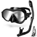 Odoland Snorkel Set for Adults, Anti-Leak Collapsible Dry Top Snorkeling Gear, Anti-Fog Tempered Glass Snorkel Mask for Snorkeling, Swimming Scuba Diving for Men and Women,Silver