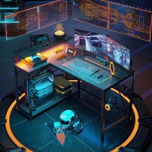 Bestier Gaming Desk with Power Outlets, 42" L-Shaped Gaming Desk with LED Lights, Desk with Reversible Storage Shelves & Hooks for Small Spaces, Bedrooms & Offices, Marble Black