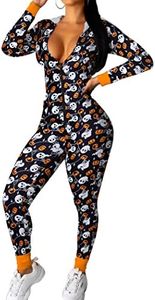 Ekouaer Christmas Onesie Women Sexy Pajamas Zipper Halloween One Piece Bodycon Outfit Jumpsuit Costume Halloween Pumpkin Print S